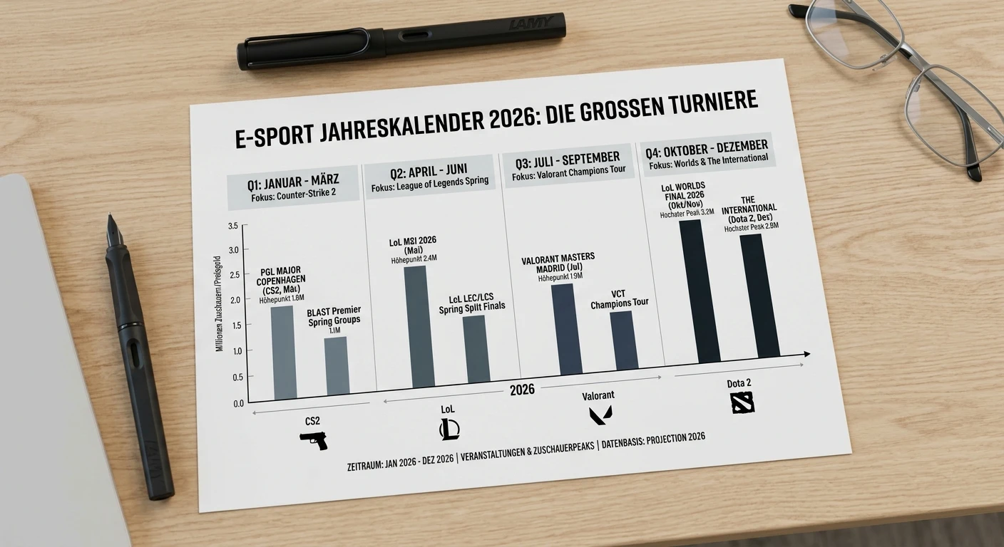 Jahresübersicht des eSports-Turnierkalenders 2026 mit Zeitplan für alle großen Wettereignisse