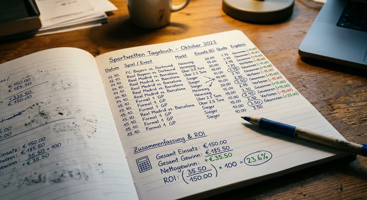 Wetttagebuch mit handschriftlicher Auswertung von eSports-Wettresultaten und ROI-Berechnung