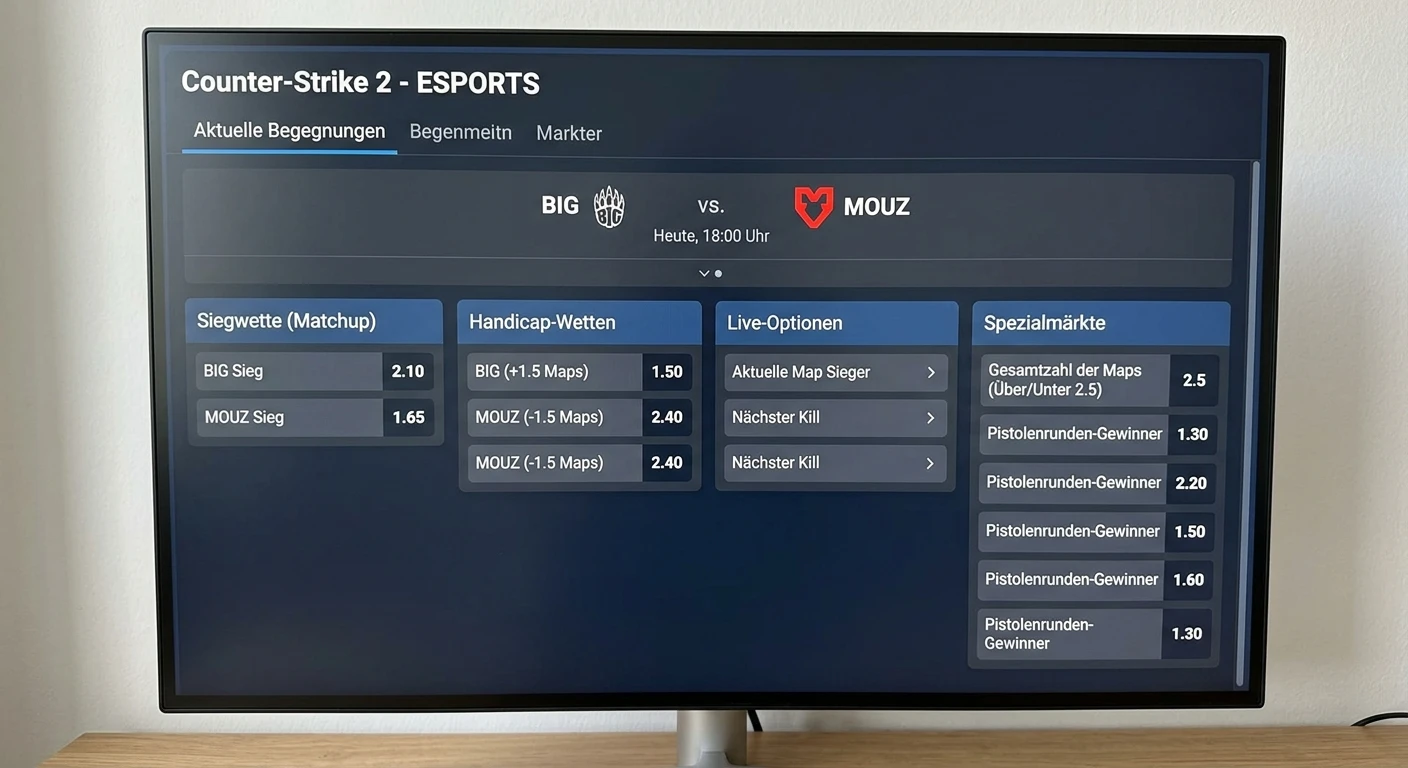 Wettmarkt-Übersicht für CS2-Match mit Matchsieger-, Handicap- und Live-Wettoptionen