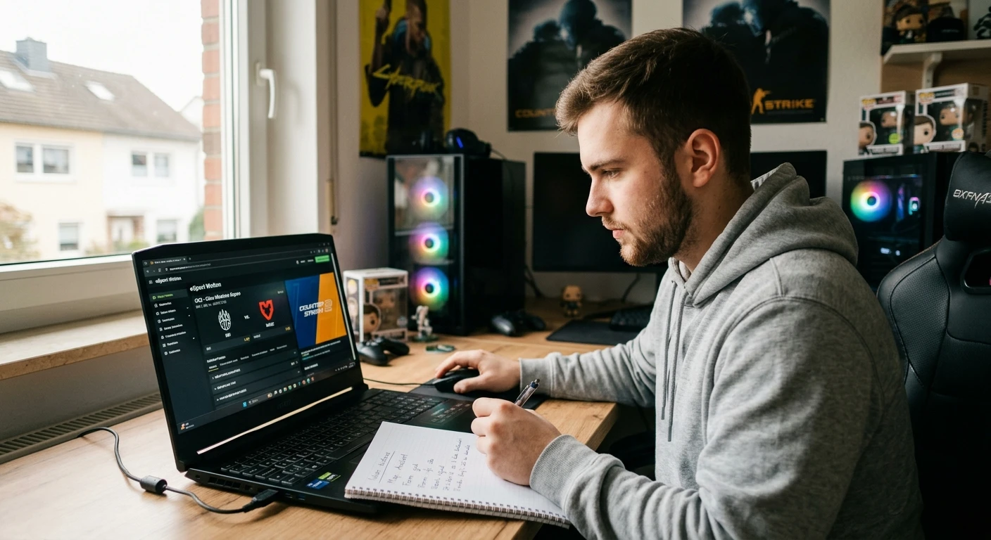 Junger Gamer analysiert eSports-Wettquoten auf dem Bildschirm vor einem CS2-Match