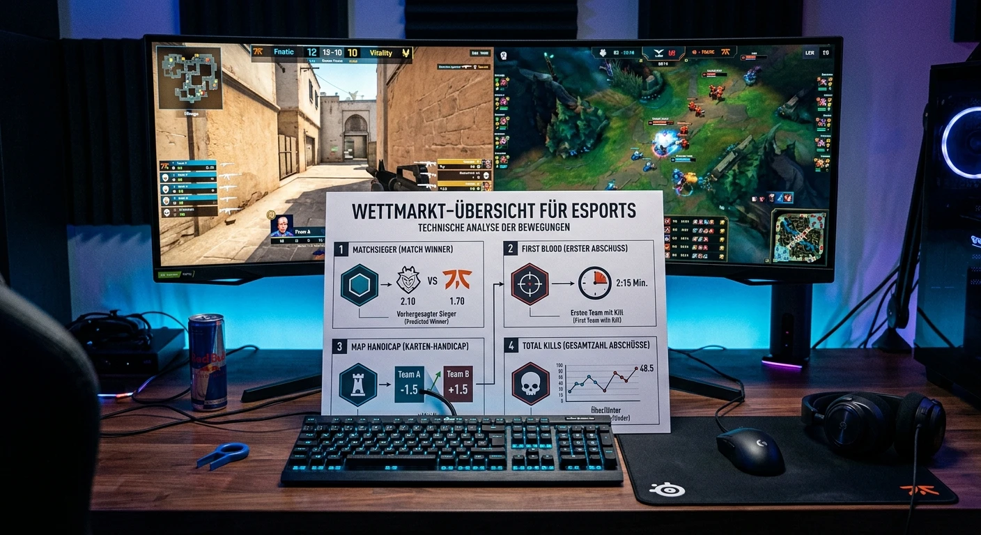 Uebersicht der eSports-Wettmaerkte 2026 – Matchsieger First Blood Map Handicap und Live-Maerkte bei CS2 und LoL