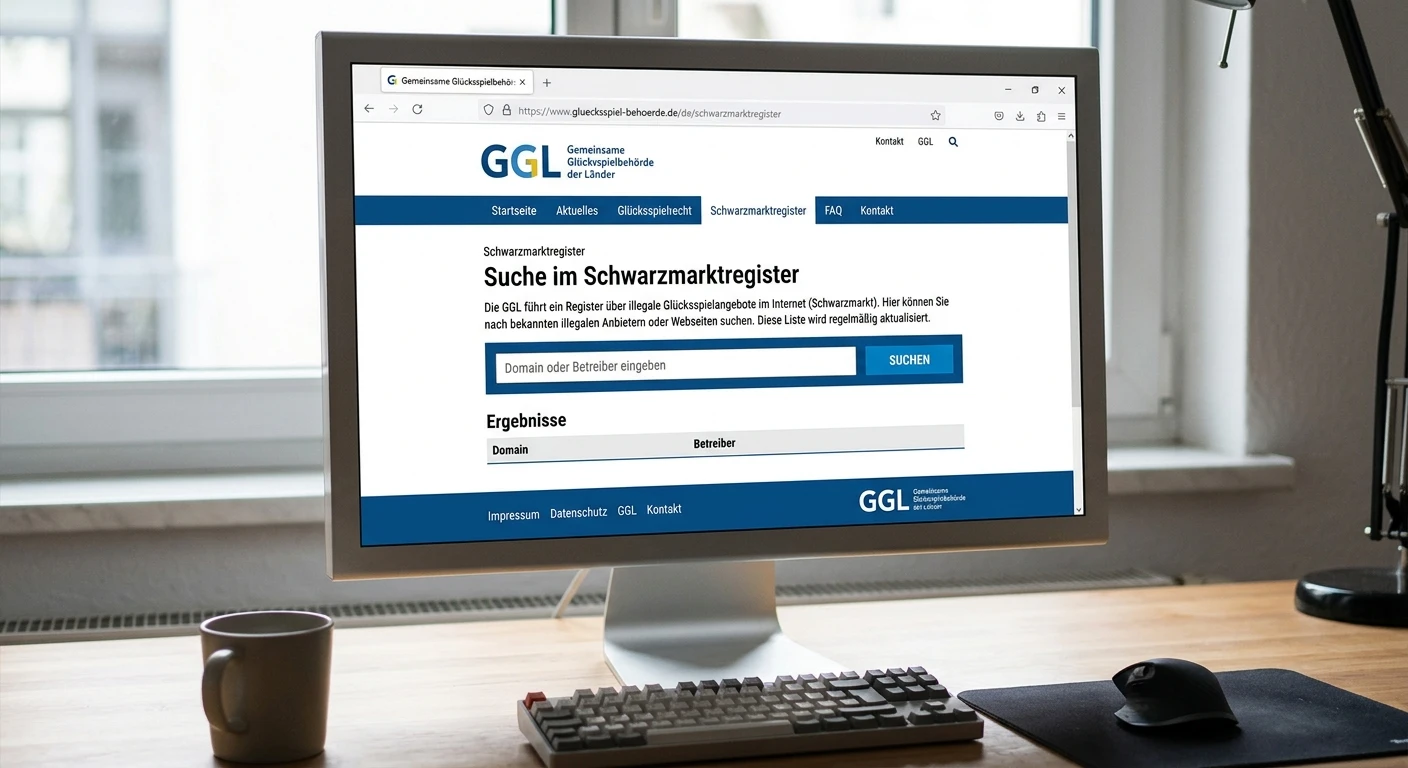 GGL-Schwarzmarktregister auf der Website der Gemeinsamen Glücksspielbehörde mit Sucheingabefeld