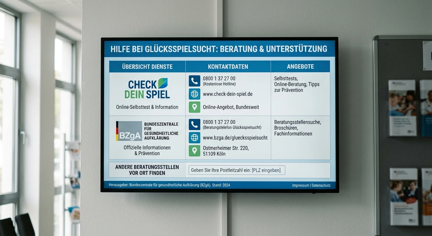 Übersicht von Beratungsstellen und Hilfsangeboten für Spielsucht in Deutschland mit BZgA und check-dein-spiel Logos