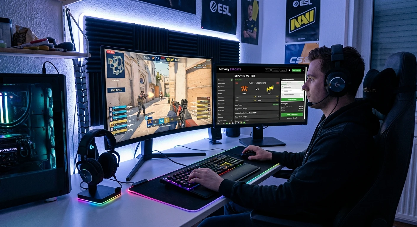 eSports-Gaming-Setup mit mehreren Bildschirmen und offener Wett-App als Zeichen für Suchtgefährdung in der Gaming-Kultur