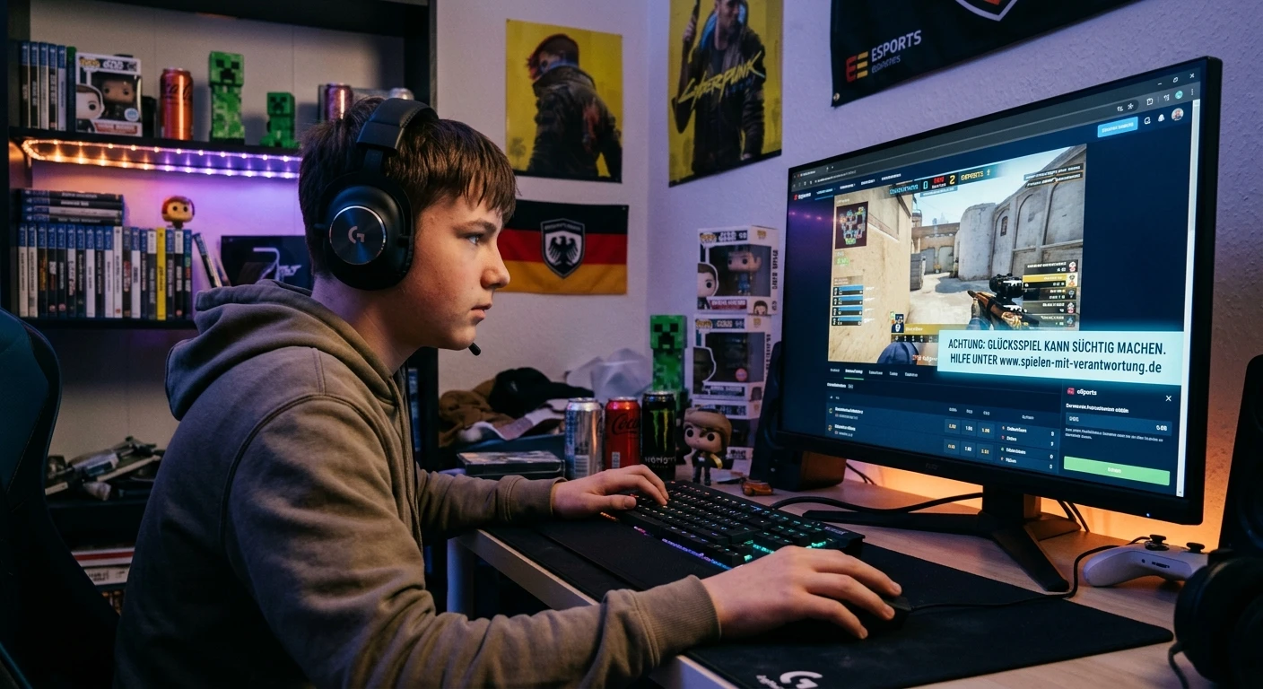 Jugendlicher Spieler am Gaming-Setup mit eSports-Wettseite und Suchtwarnung auf dem Bildschirm