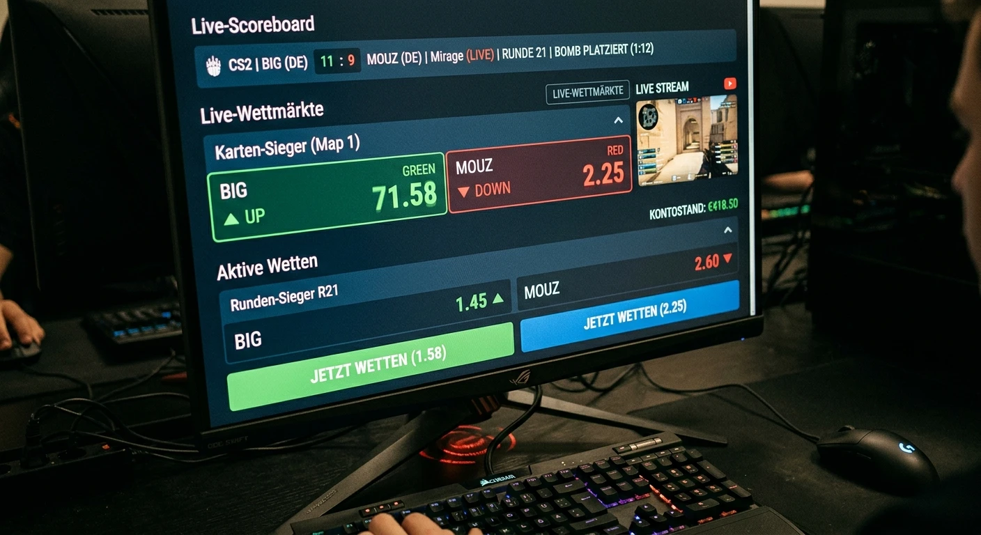 Live-Wettoberfläche eines eSports-Plattformens mit schnell wechselnden Quoten während eines CS2-Matches