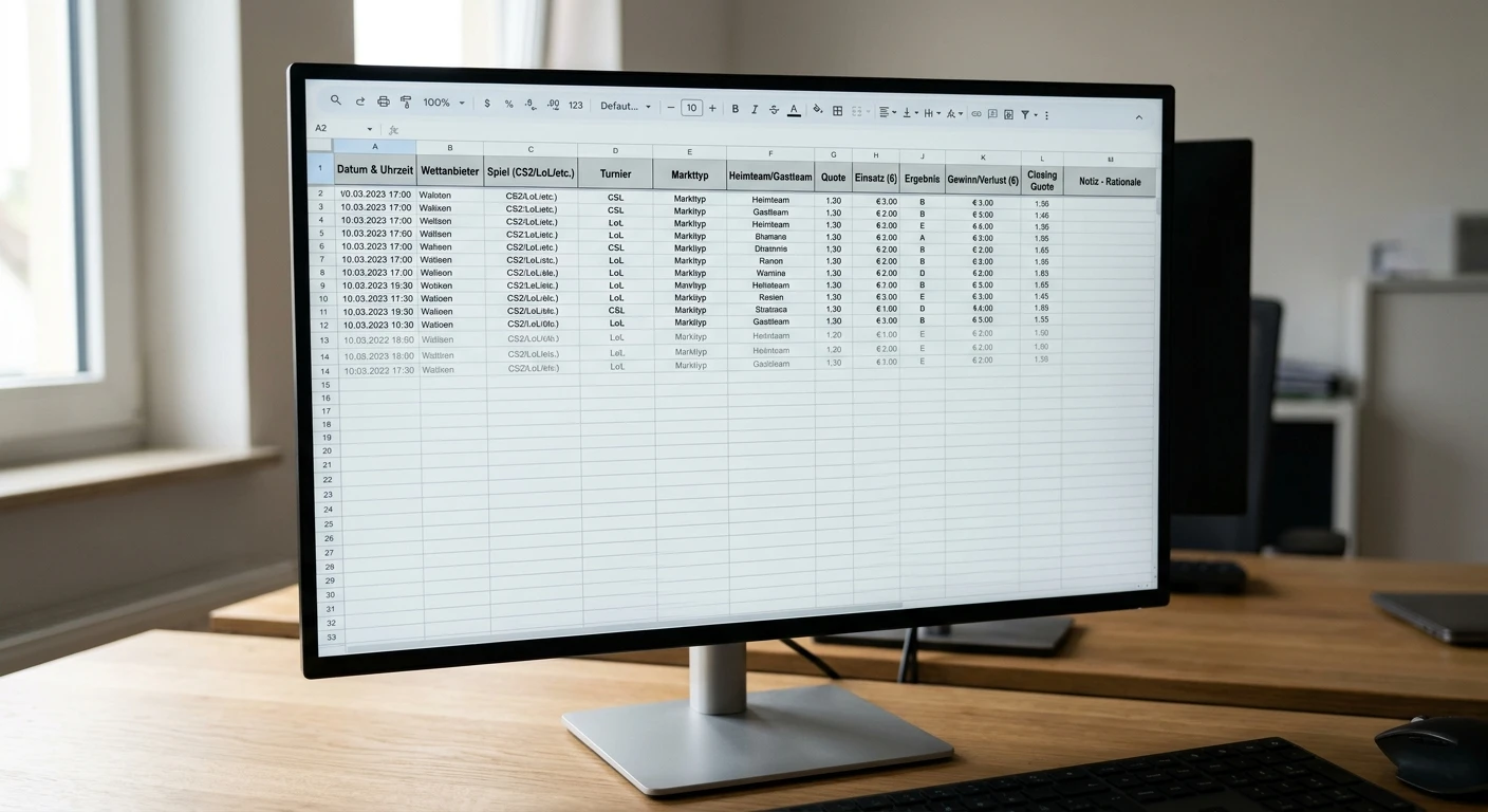 Optimales Format für ein eSports-Wetttagebuch – Spalten und Felder für Spreadsheet